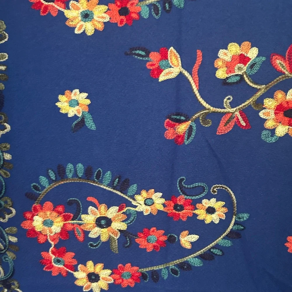 Jessica McClintock Otomi Embroidery Scarf Blue Fabric with Floral Paisley Design